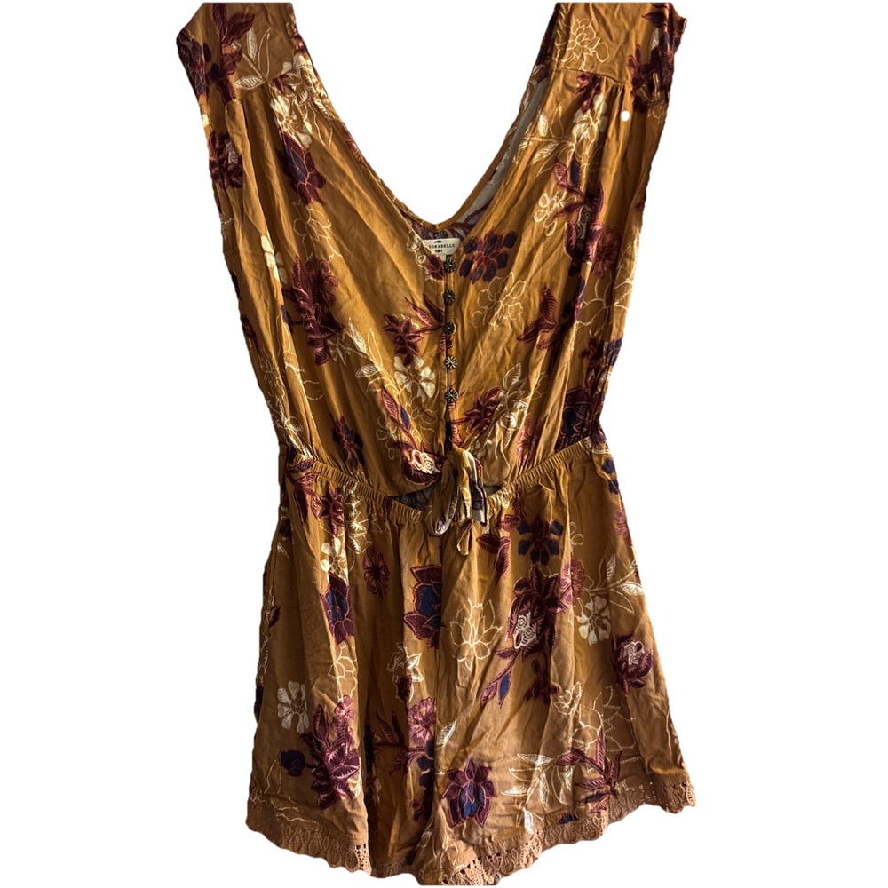 Mason & Belle Womens S Brown Floral Sleeveless V-Neck Cutout Romper Lace Boho
